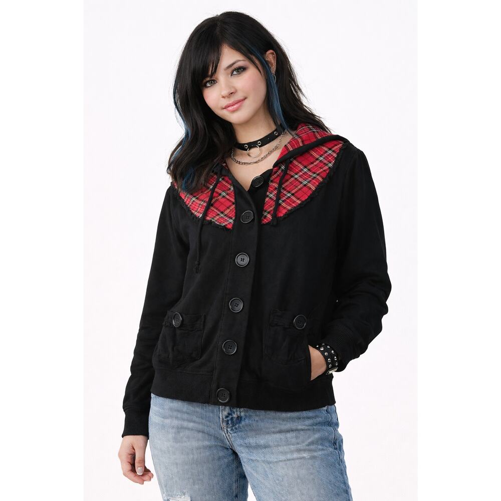Threadz Juniors XL Black Button Jacket Red Plaid Hood Punk Grunge Style